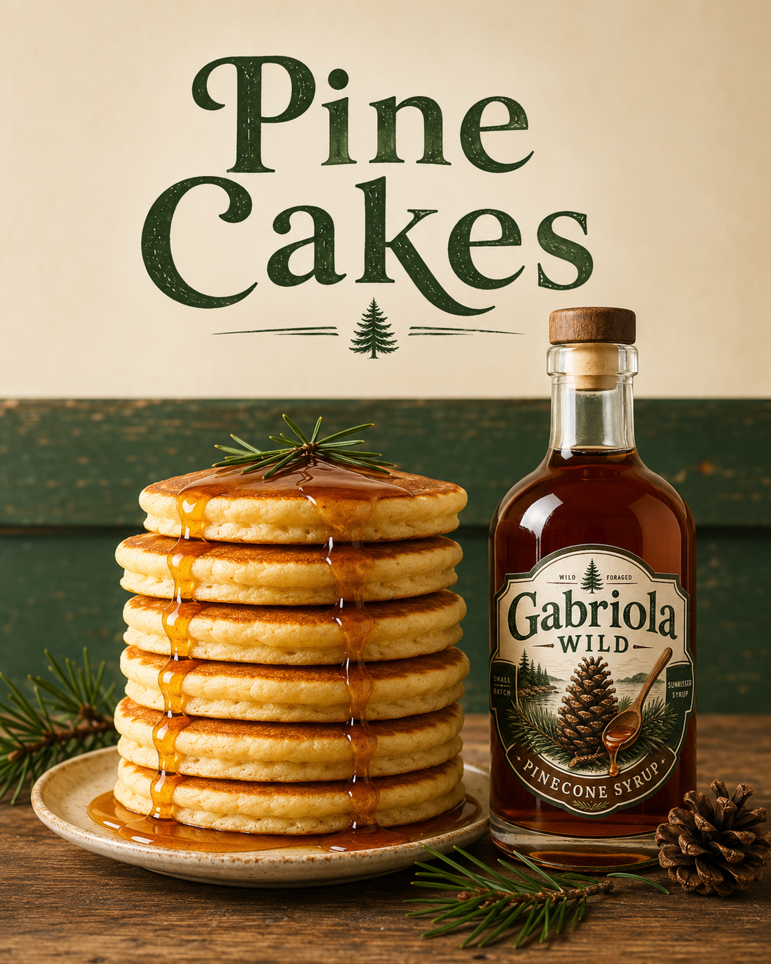 Pine Cakes advertising concept with pancakes and Gabriola Wild syrup